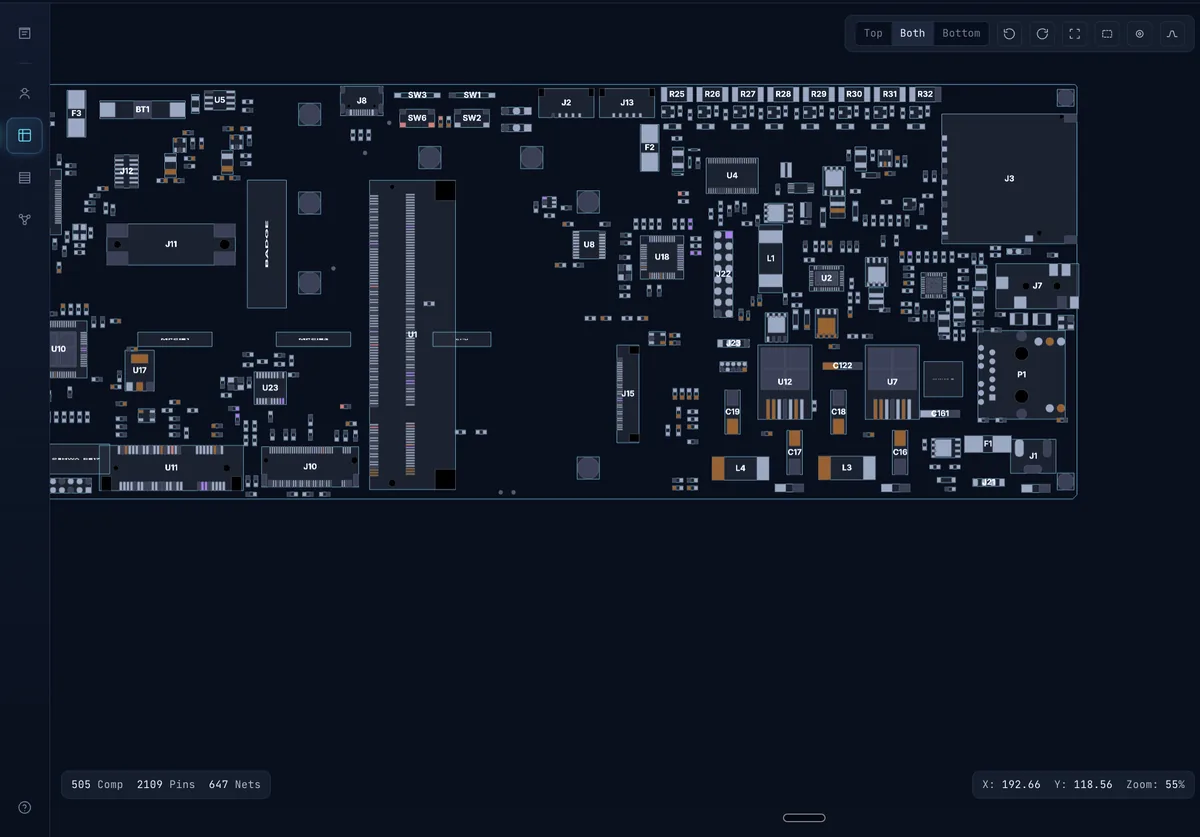 The iTweak diagnostic bench showing the component-level boardview — every part, pin and net on the device's board